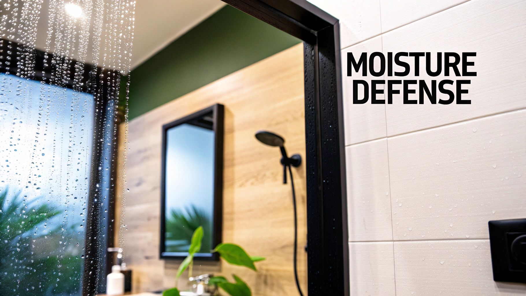 A modern bathroom showcases a shower door covered in water droplets and 'MOISTURE DEFENSE' text.