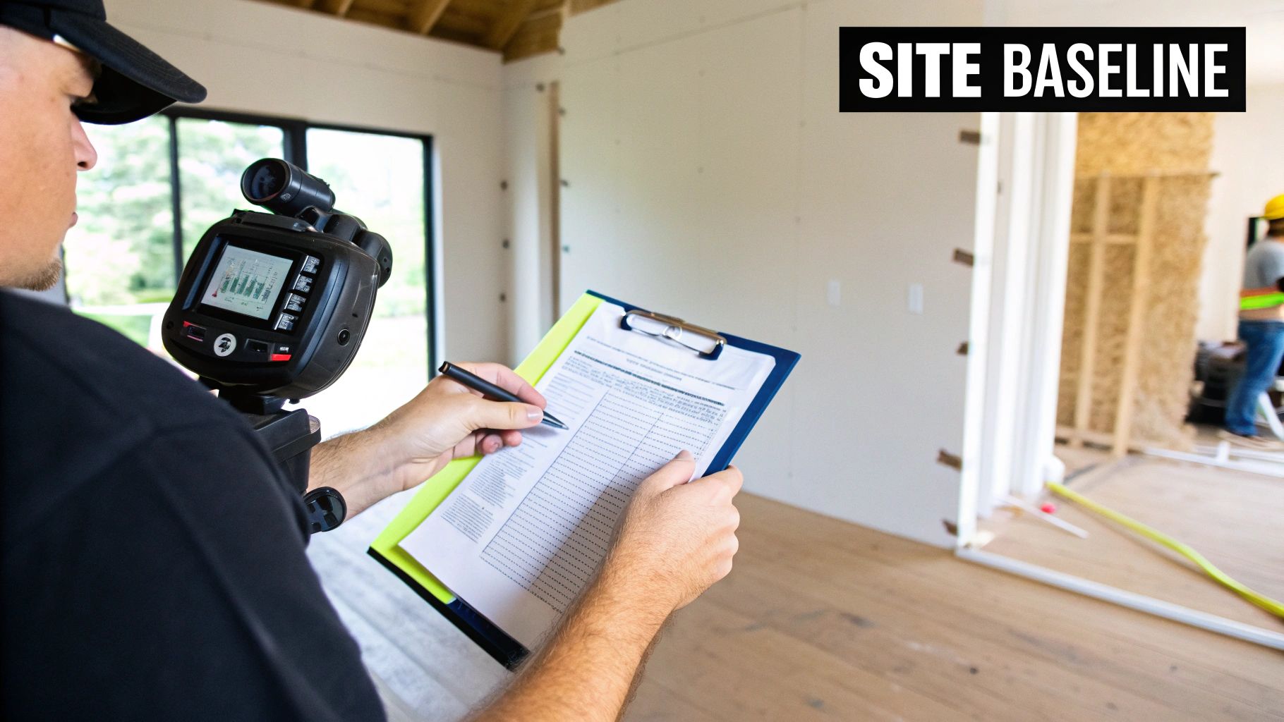 Construction worker records data on a checklist using an inspection device at a site baseline.