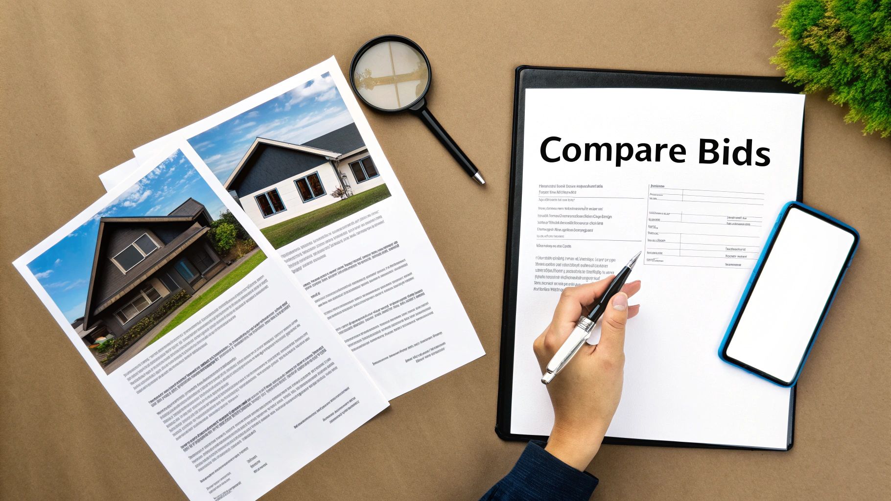 Top-down view of a hand comparing home improvement bids on documents, with a phone and magnifying glass.