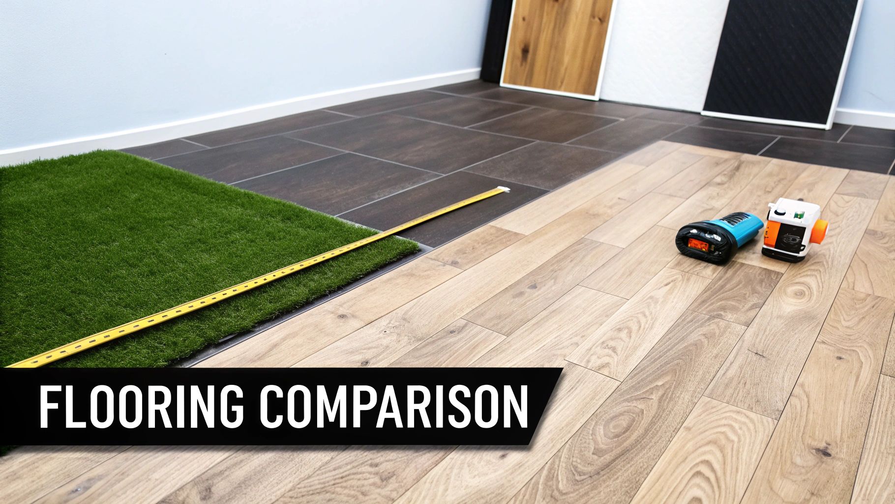 A comparison of various flooring types, including artificial grass, tile, and wood planks, with tools.