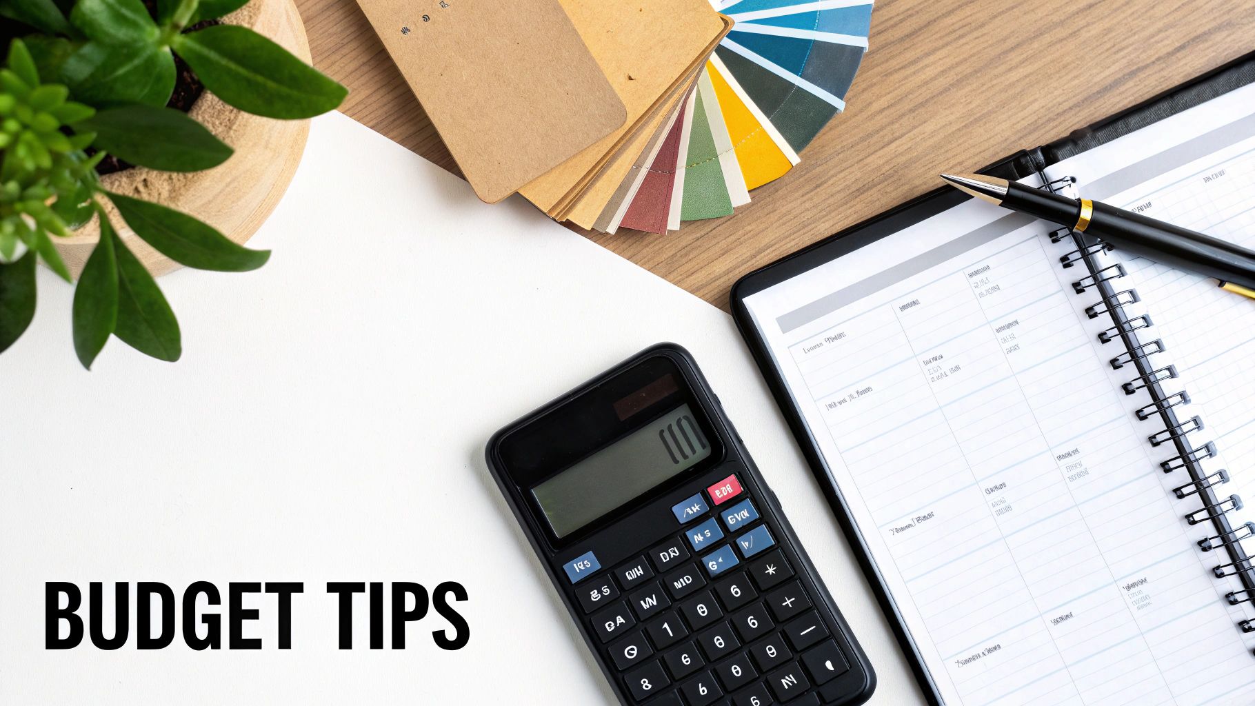 Budgeting tools flat lay with a calculator, notebook, pen, and plant on a white desk.