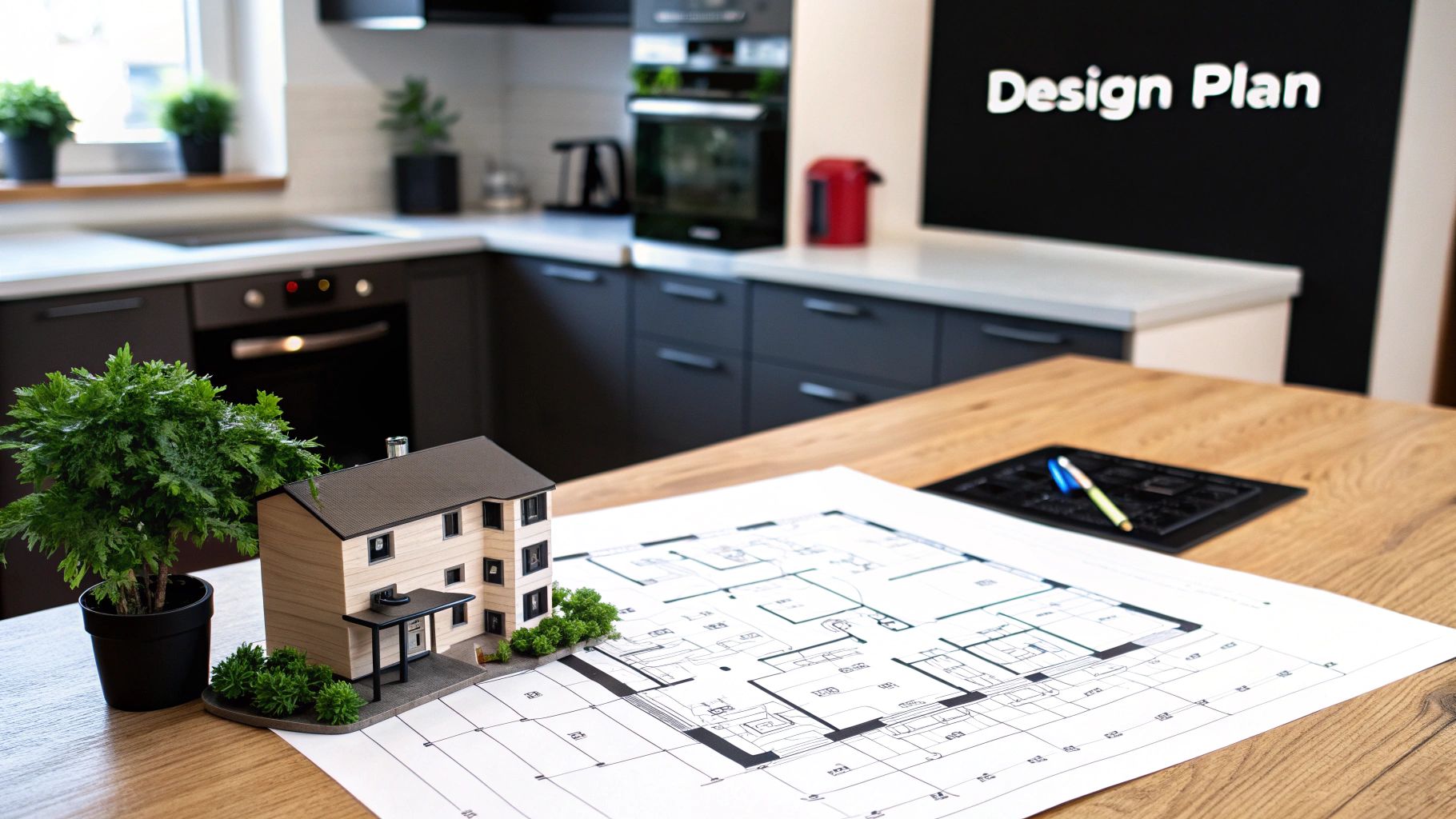 Architectural model house, blueprints, and plant on a wooden table in a modern kitchen.