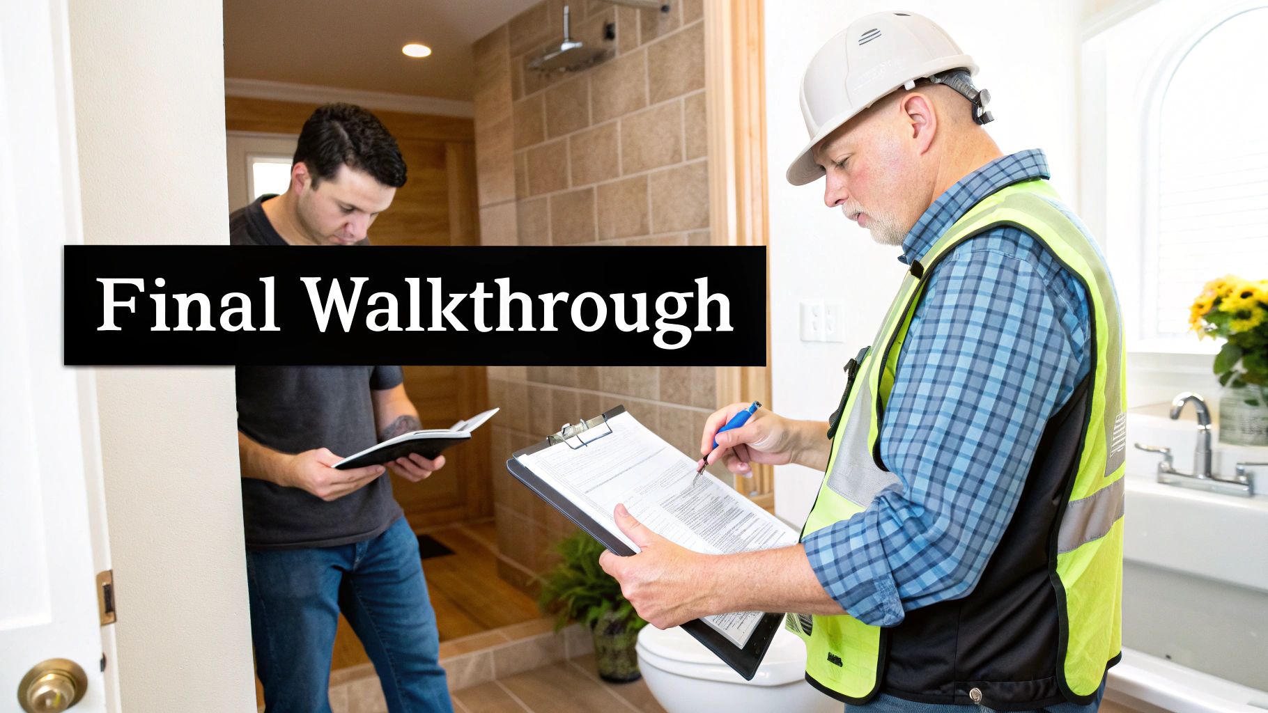 A home inspector and a homeowner conduct a final walkthrough of a new bathroom, reviewing documents.
