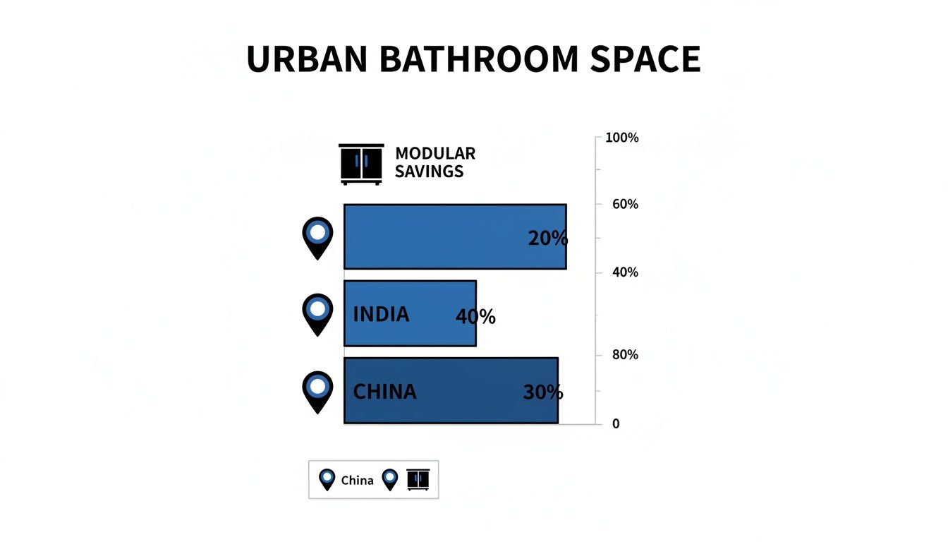 Horizontal bar chart showing urban bathroom space percentages: Modular Savings 20%, India 40%, China 30%.