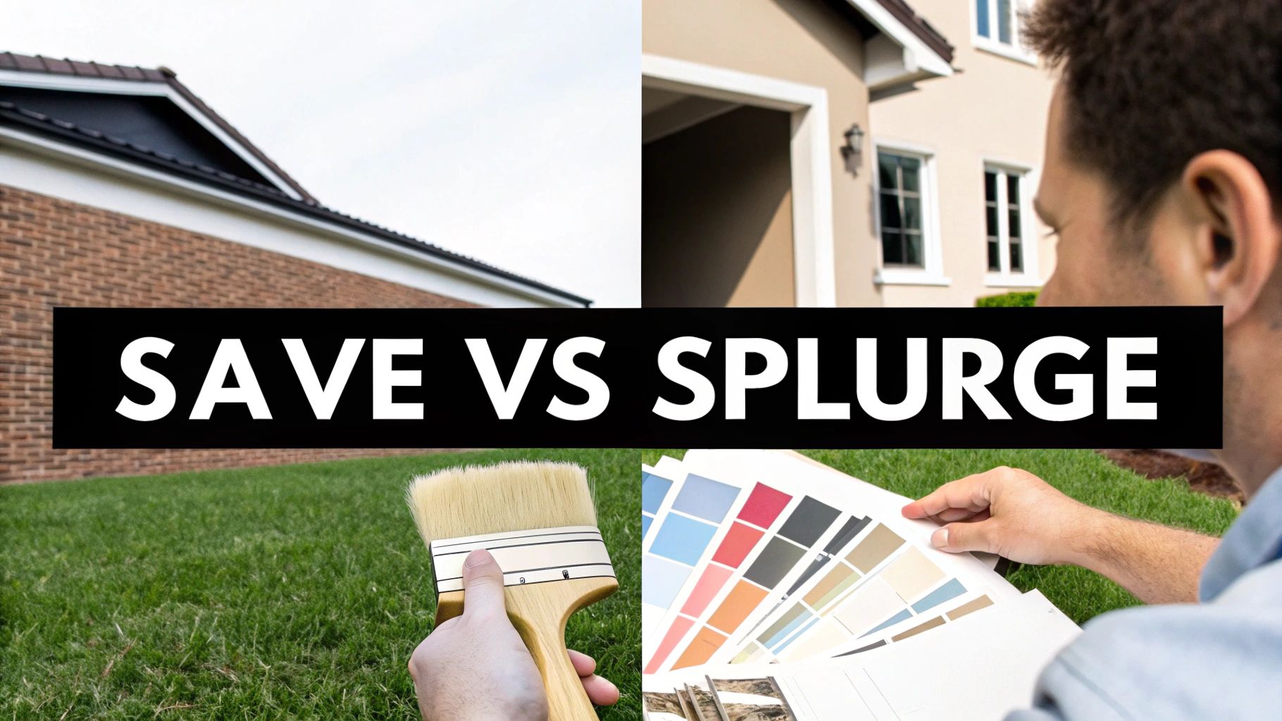 SAVE VS SPLURGE comparison with a brick house, painted home, paintbrush, and color samples.