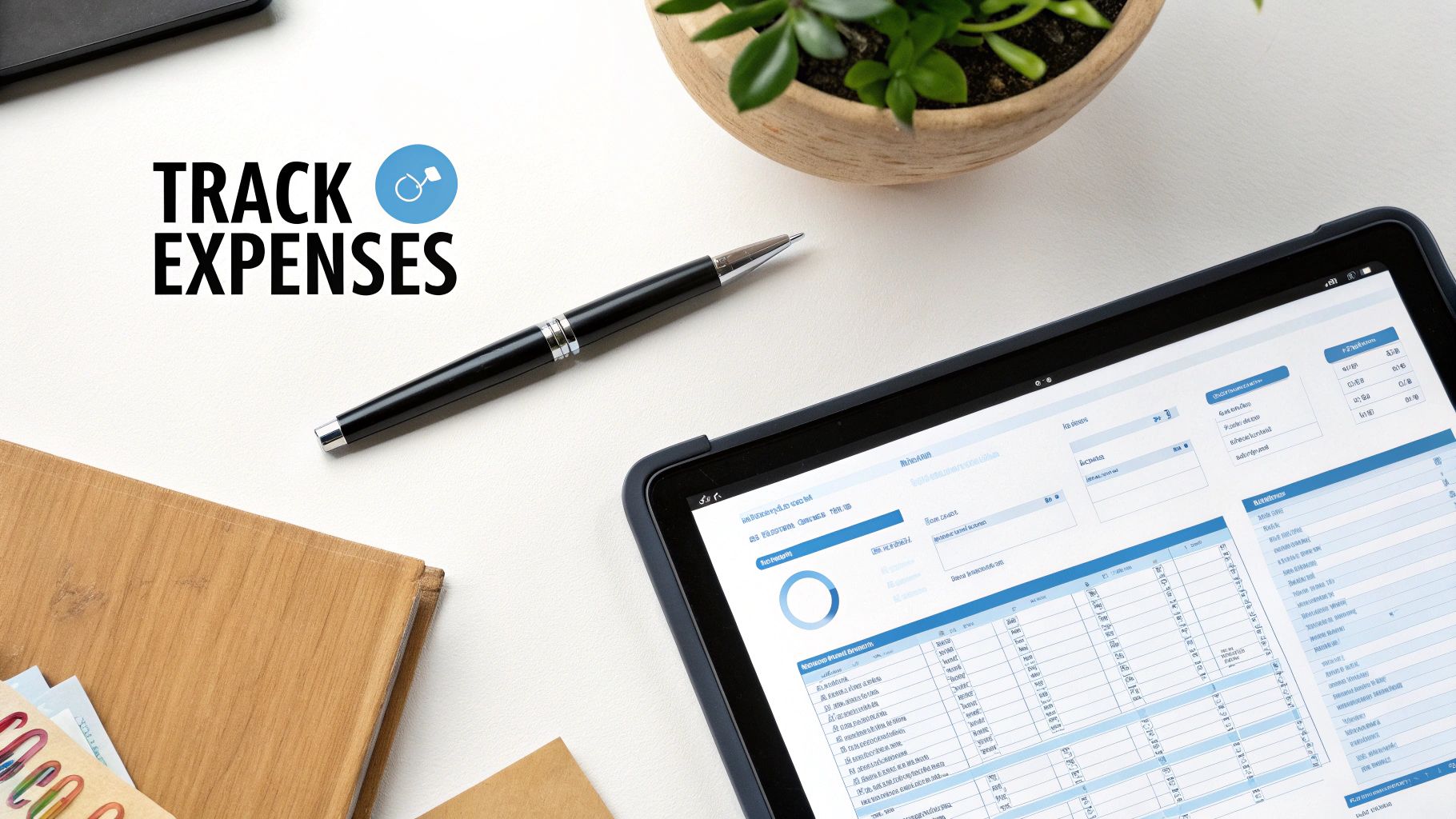 Flat lay of a desk with a tablet displaying financial data and 'Track Expenses' text.