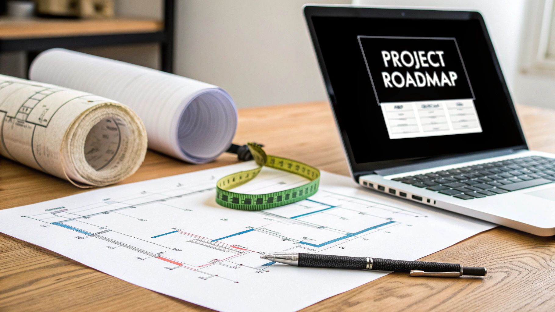 Architectural blueprints, a laptop displaying 'Project Roadmap', measuring tape, and pen on a wooden desk.