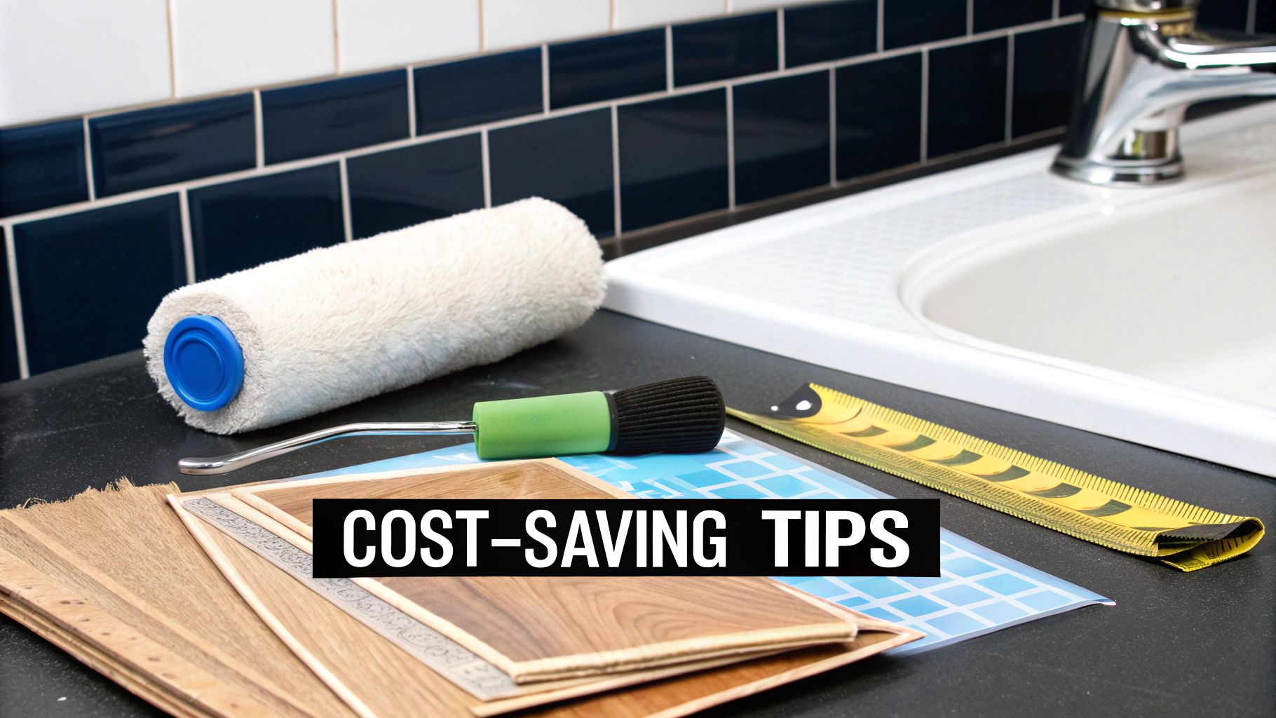 Various renovation tools and material samples like a paint roller, brush, and wood planks on a counter next to a sink.