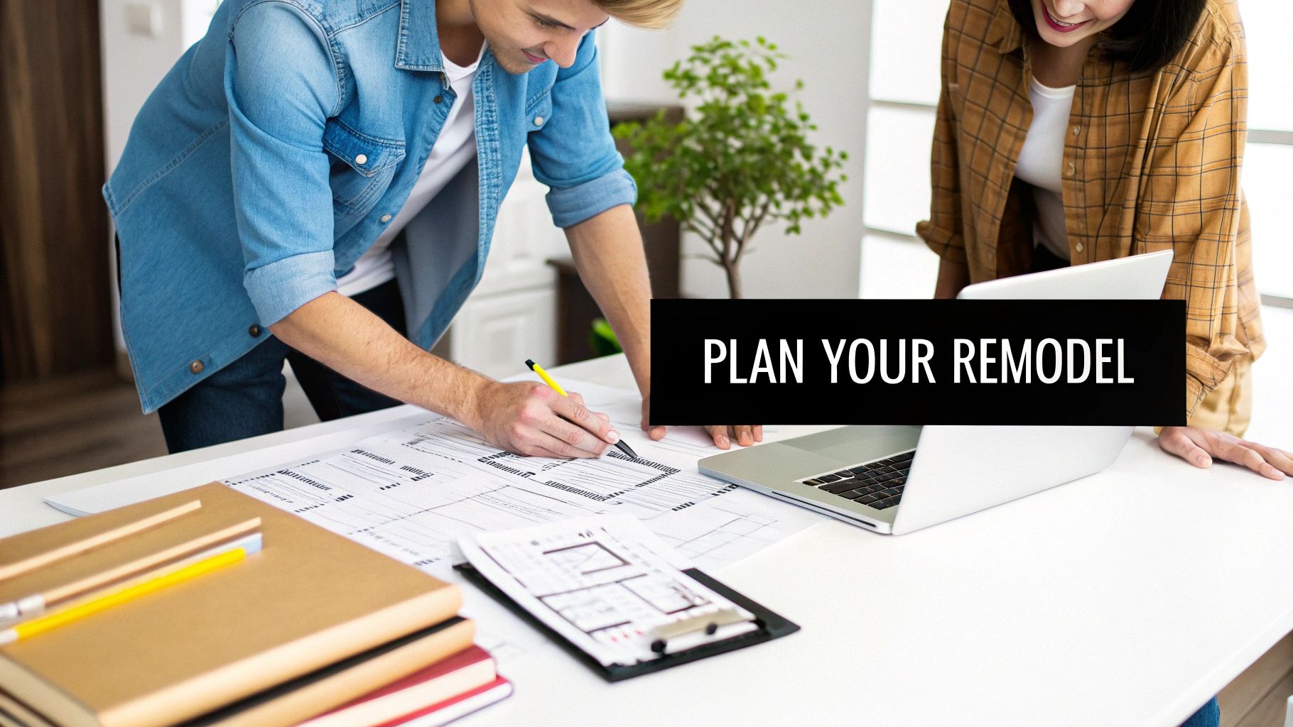 Two people, a man and a woman, are collaboratively planning a home remodel, reviewing blueprints and using a laptop.