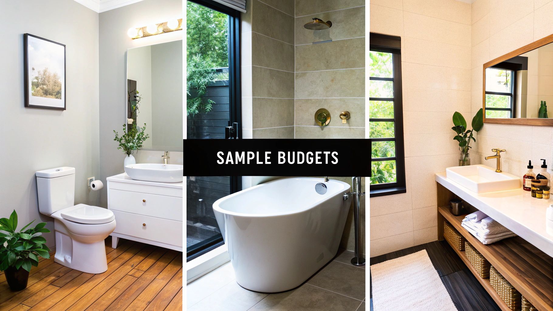 Three bathrooms side-by-side, showcasing different designs, features, and renovation styles suitable for varying budgets.