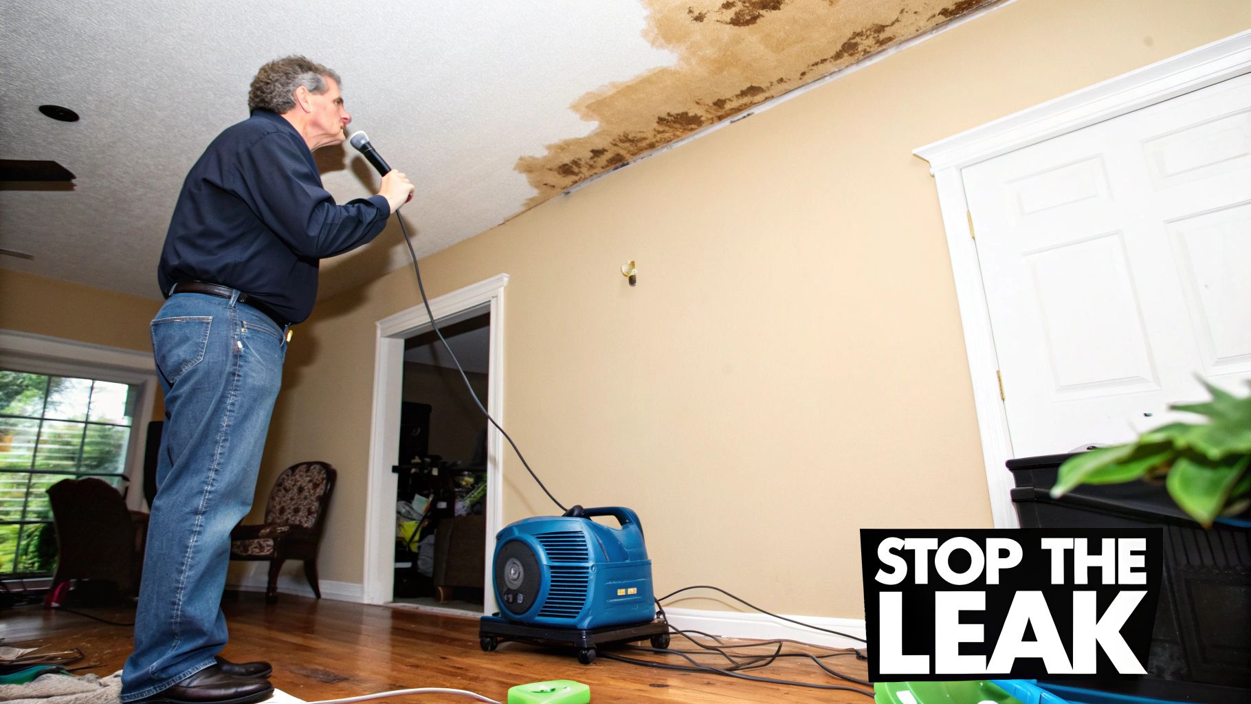 A man assesses a severely water-damaged ceiling, while a blue industrial fan works to dry the room.