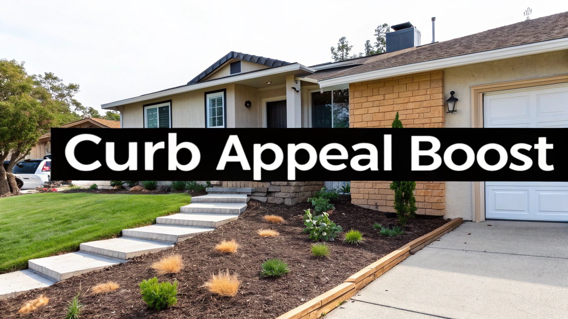 Front view of a house with improved landscaping, concrete steps, and a fresh driveway, boosting curb appeal.