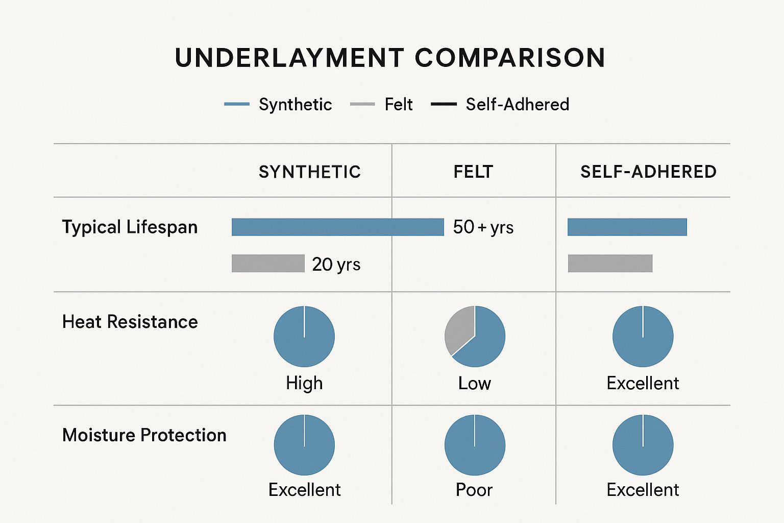 Infographic comparing synthetic, felt, and self-adhered metal roof underlayment based on lifespan, heat resistance, and moisture protection
