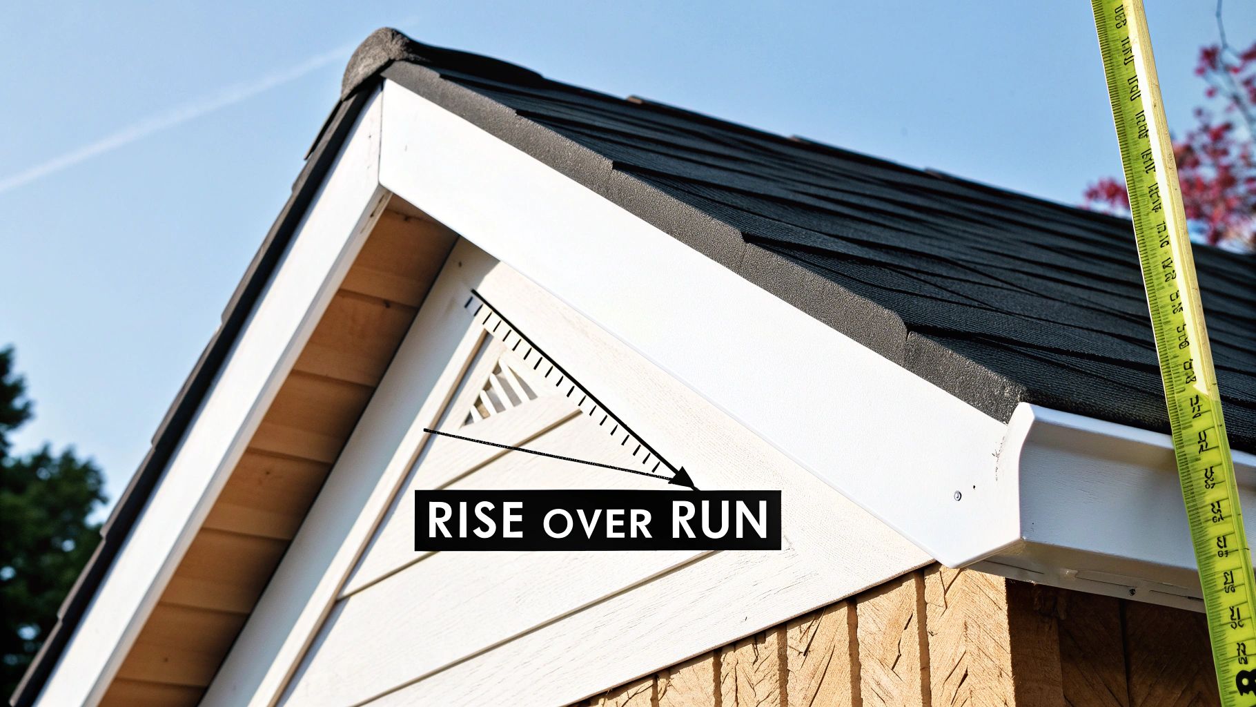 An architectural drawing showing the rise and run of a roof's pitch, clearly illustrating the concept.