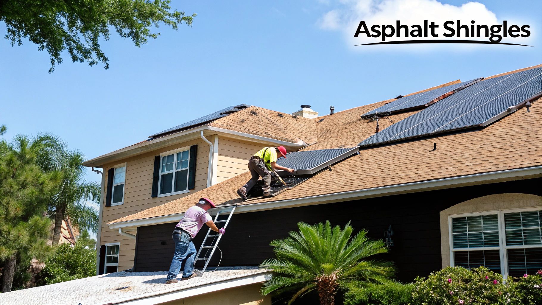 Solar panels installed on an asphalt shingle roof in a Central Florida neighborhood
