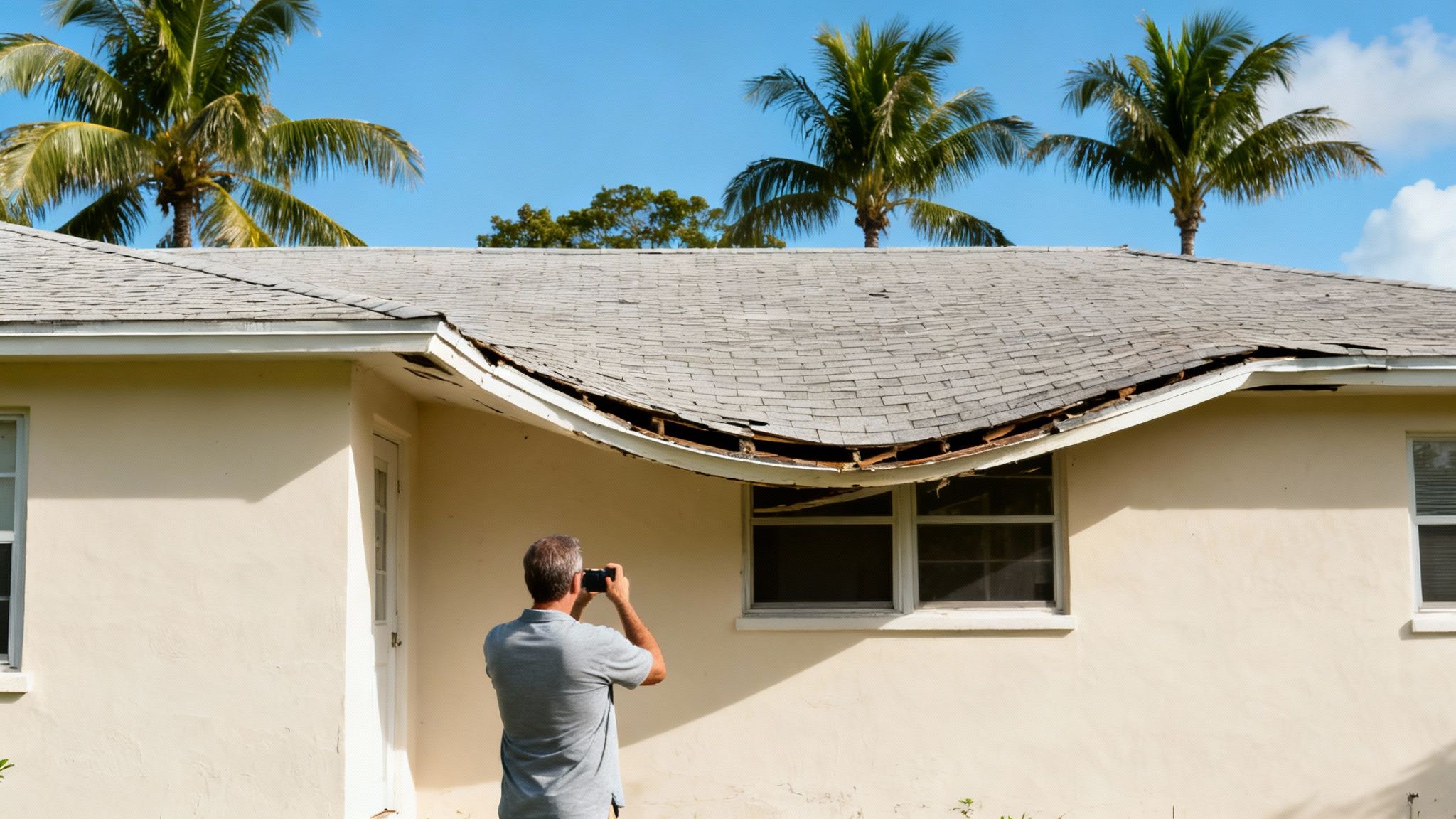 Man photographing a house with a severely damaged and sagging roof after a storm.