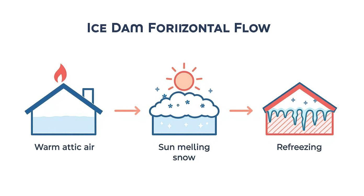 Diagram showing ice dam formation on a roof, from warm attic air and melting snow to refreezing.