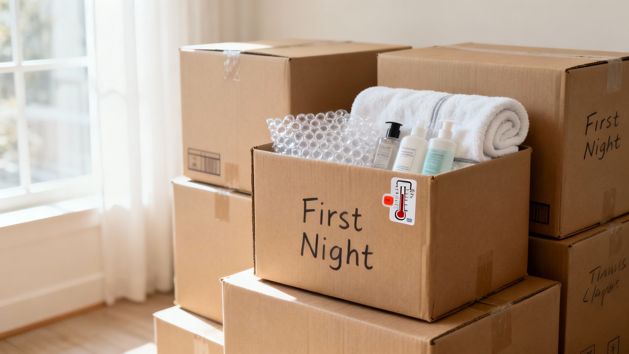 A well-organized room with moving boxes neatly stacked, ready for a long-distance move.