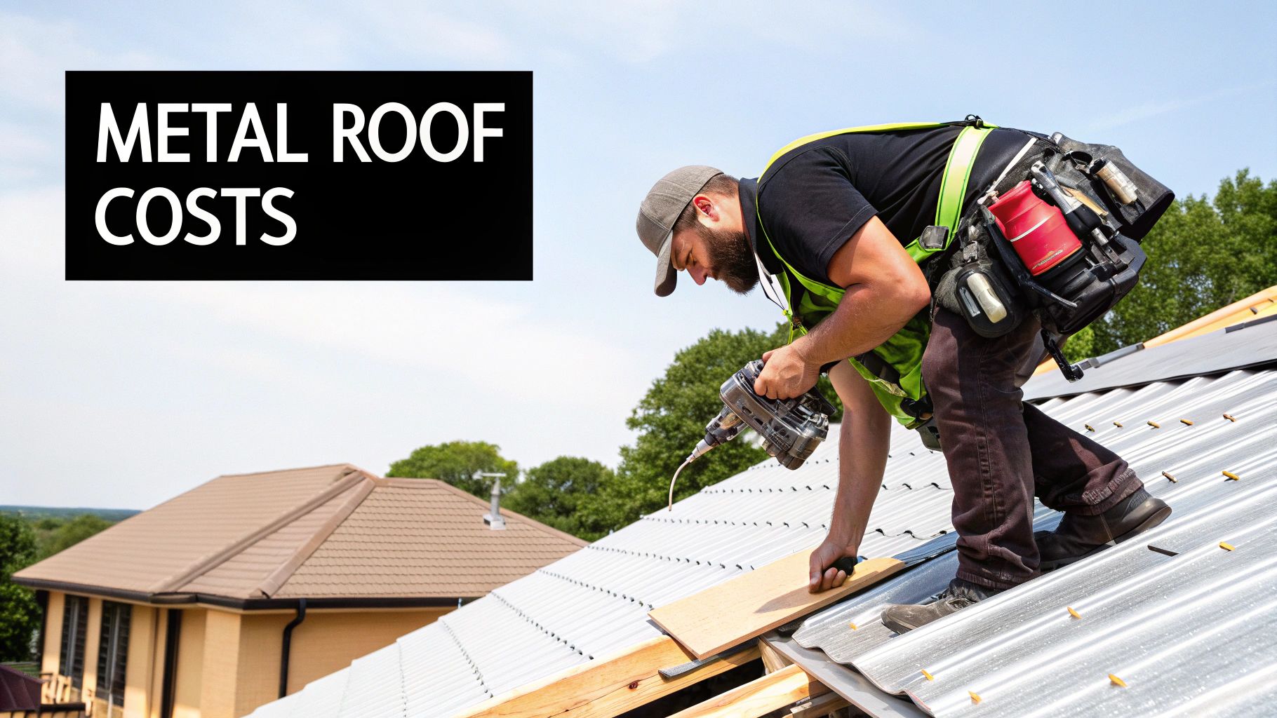 Two roofers installing a new roof on a house.