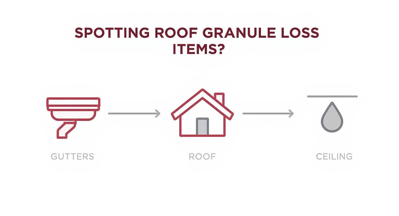 Diagram illustrating the process of roof granule loss, showing gutters, roof, and a water drip on a ceiling.