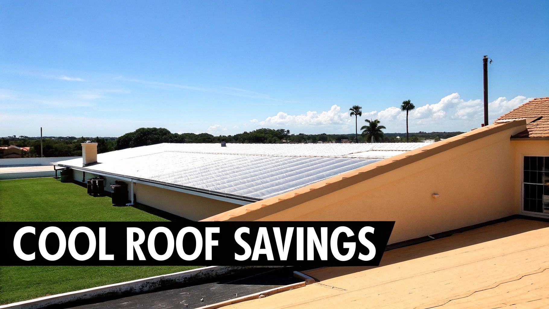Modern house with a white cool roof, solar panels, and green artificial turf under a clear blue sky.