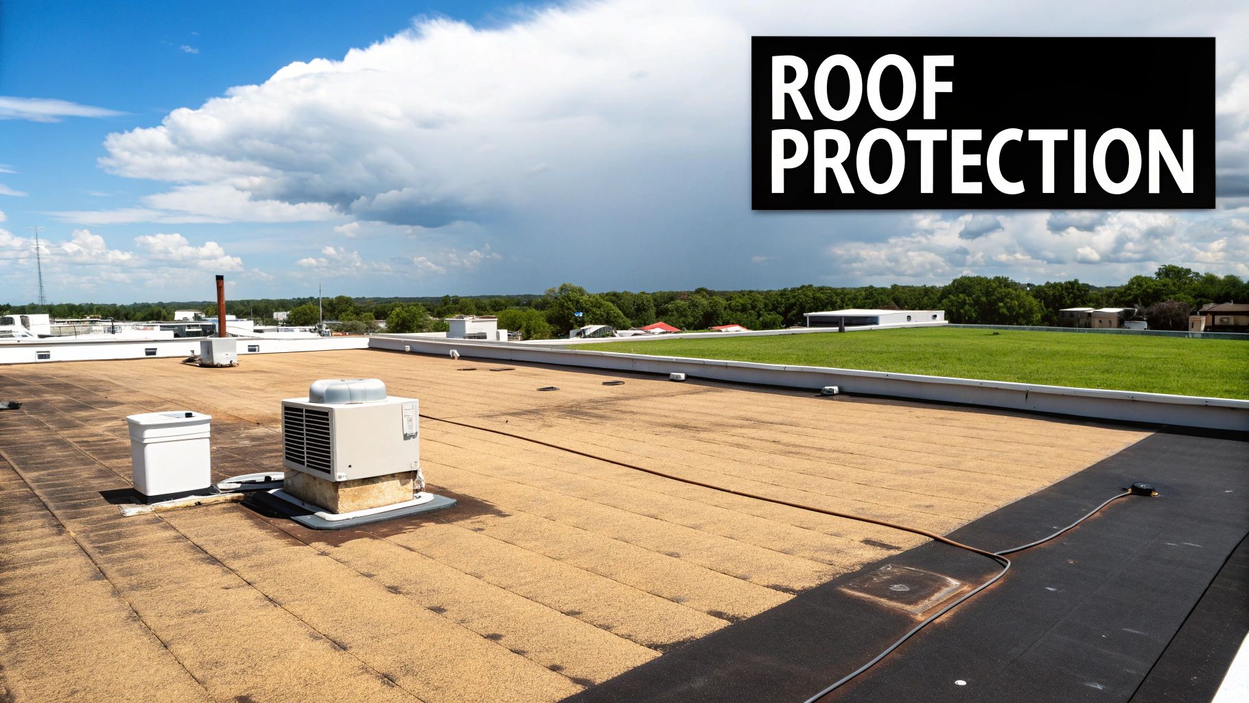 A professional applying a white, reflective coating to a large commercial flat roof in Tampa.