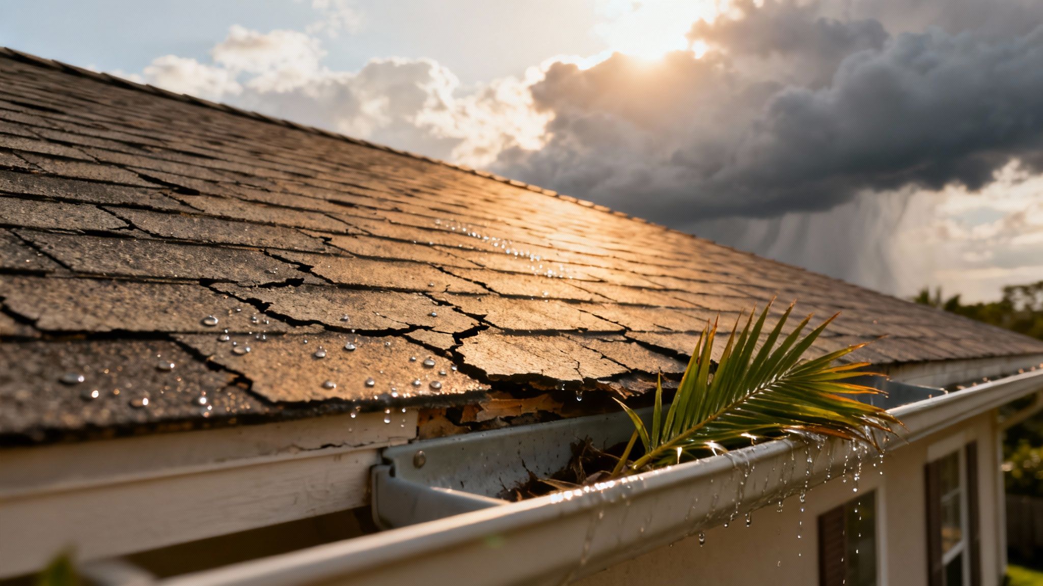 A residential roof in Miami showing the impact of weather conditions.