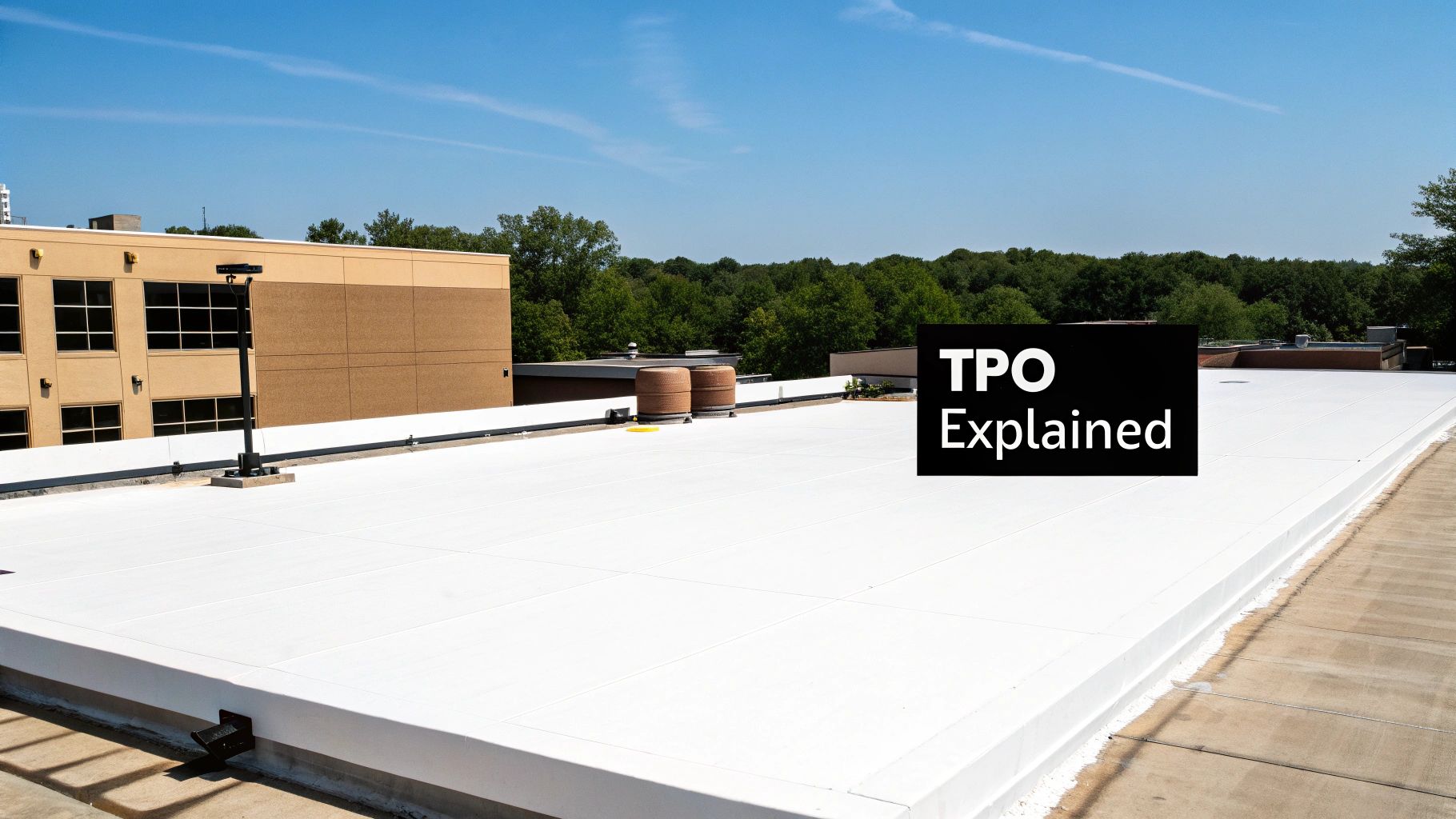 A large commercial building with a newly installed white TPO roofing membrane.