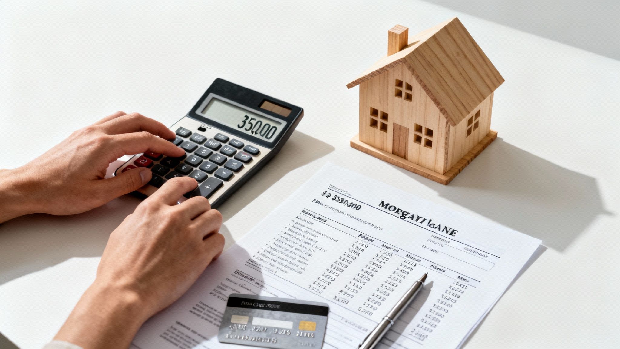 A person using a calculator to figure out their home mortgage costs.