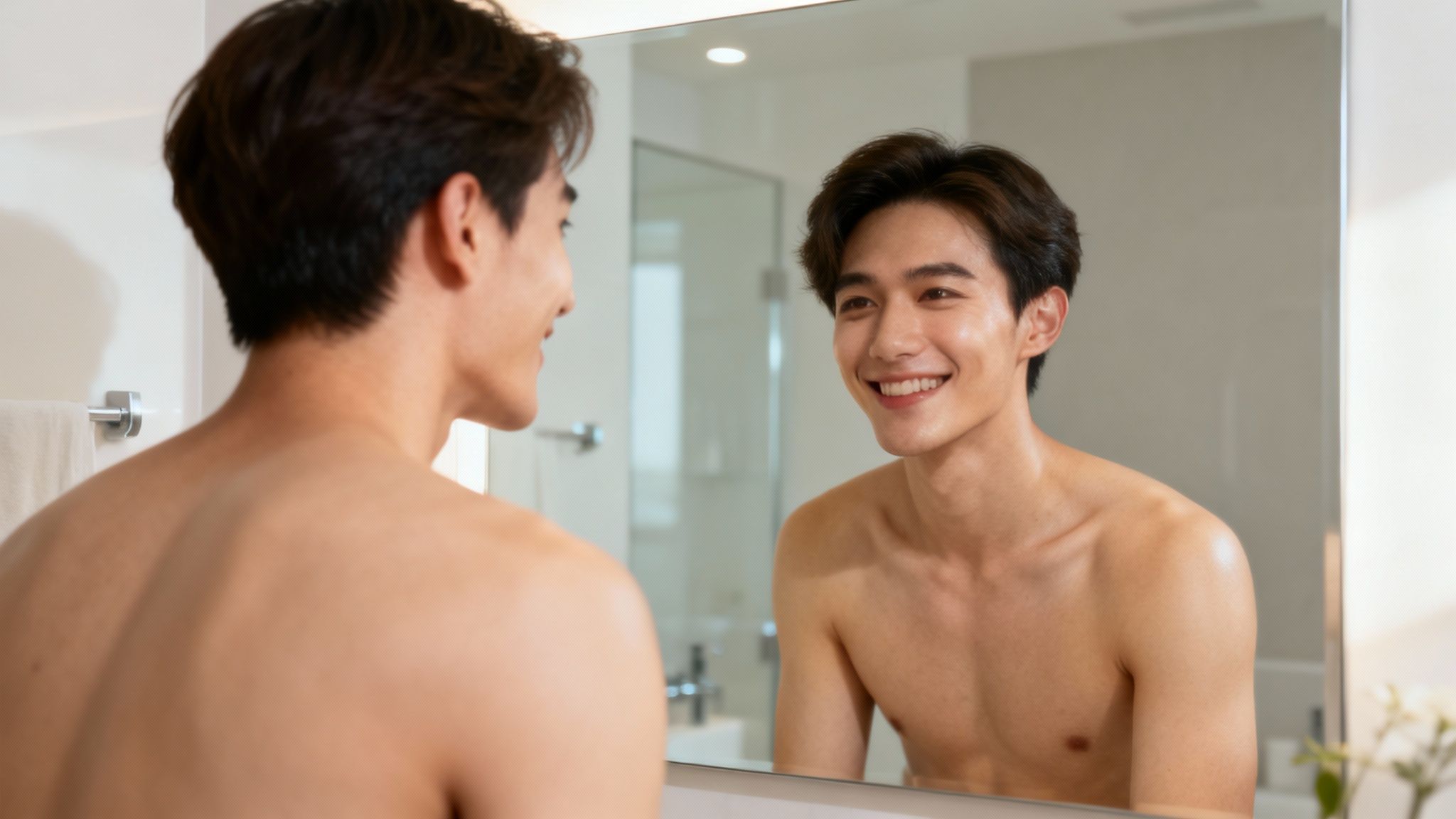 A man with clear, healthy skin looking confidently into the mirror, reflecting the long-term benefits of regular facials.