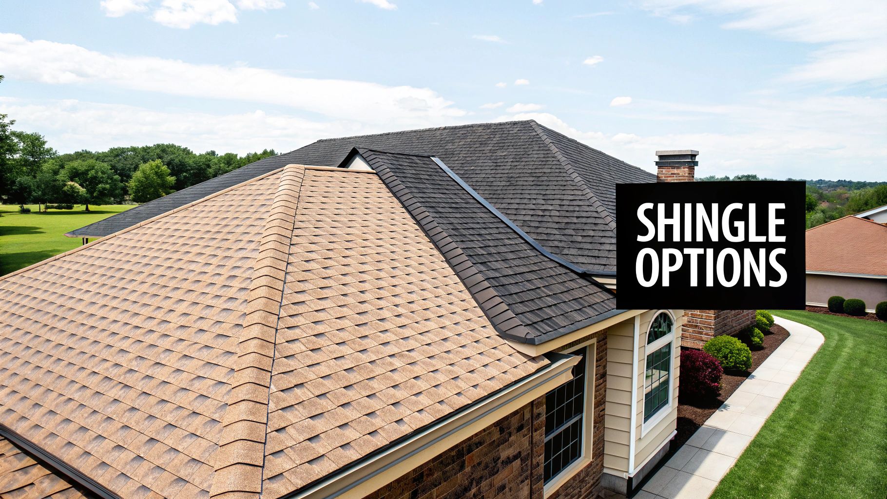 A newly installed asphalt shingle roof on a suburban home