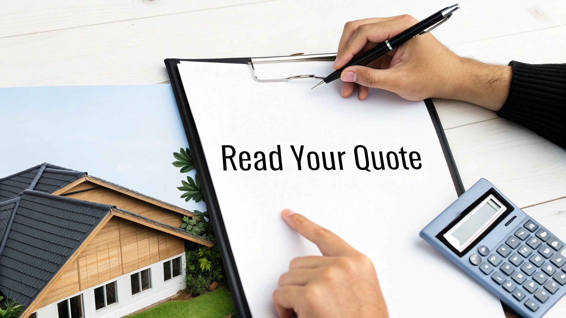Person reviewing roofing quote document with calculator and house model on desk