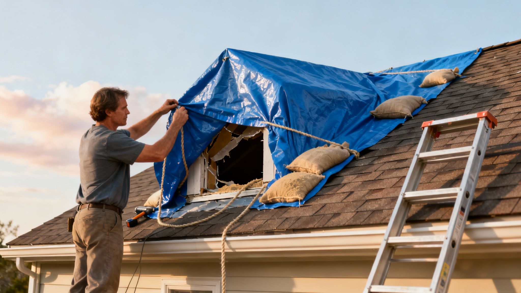 Man securing blue tarp over damaged roof hole with sandbags and rope for emergency repair
