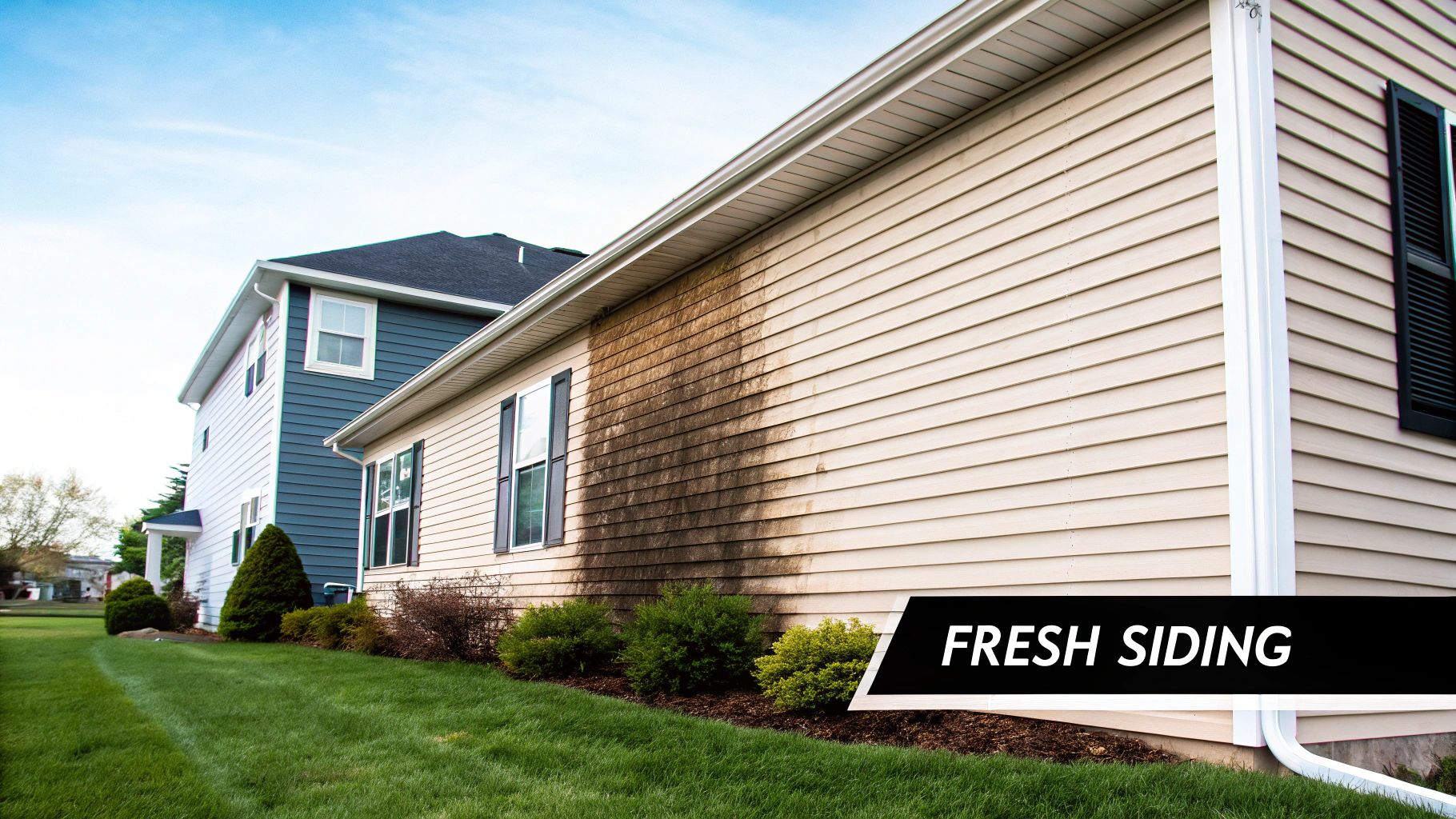 A person pressure washing clean vinyl siding on a sunny day