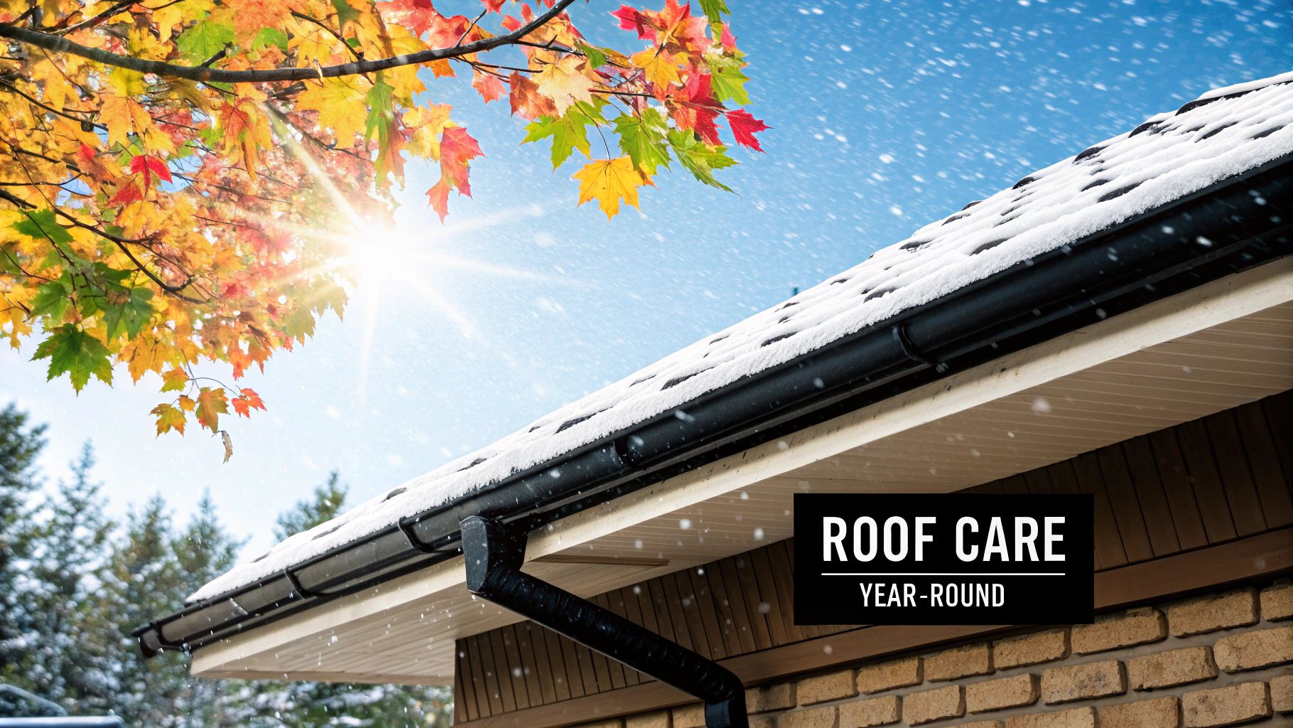 A residential roof with fall leaves in the gutters, ready for seasonal maintenance.
