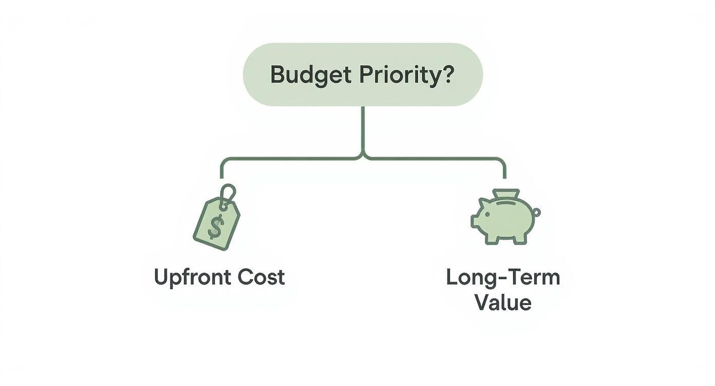 Infographic decision tree comparing architectural vs 3 tab shingles based on budget priorities like upfront cost versus long-term value.