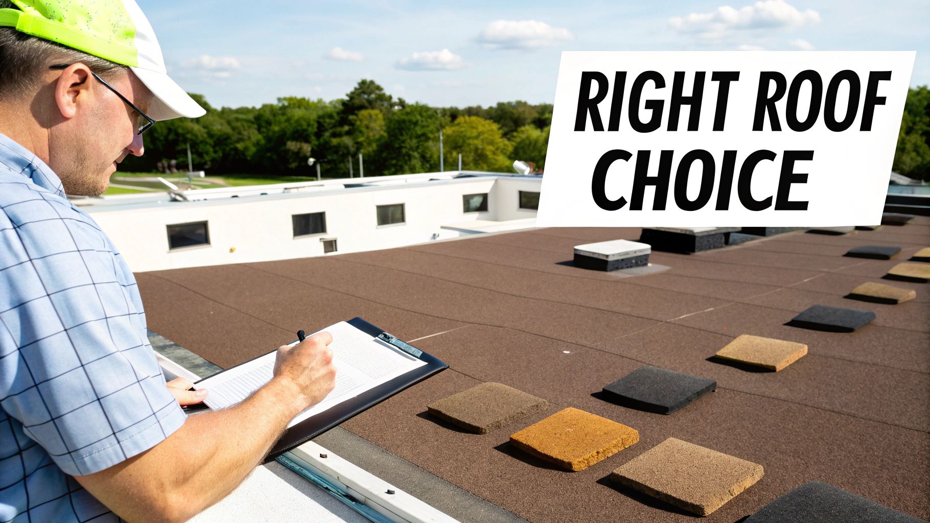 A man on a flat roof reviews different roofing material samples while writing on a clipboard.