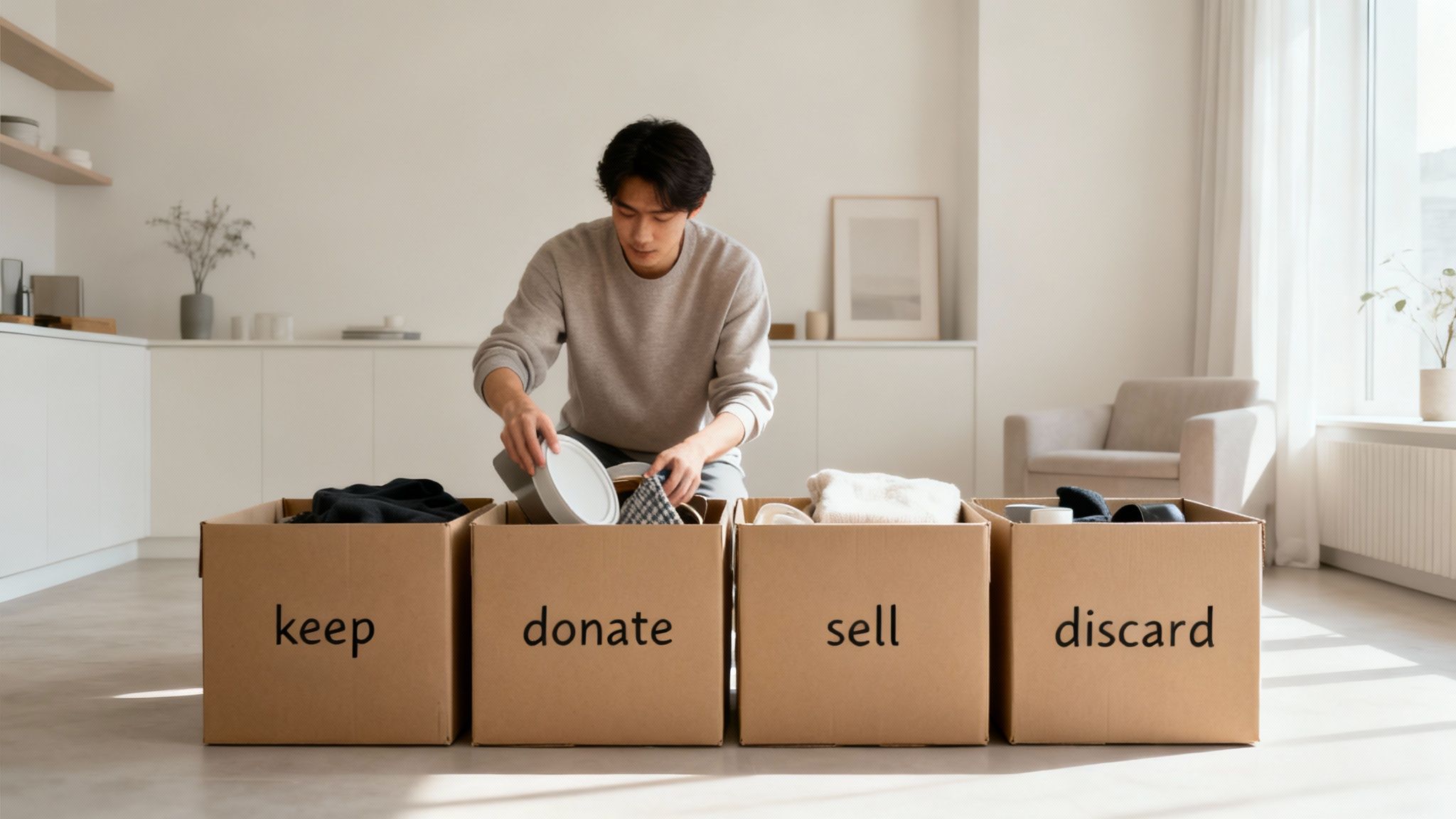 Woman sorting items into a cardboard box for donation before moving.