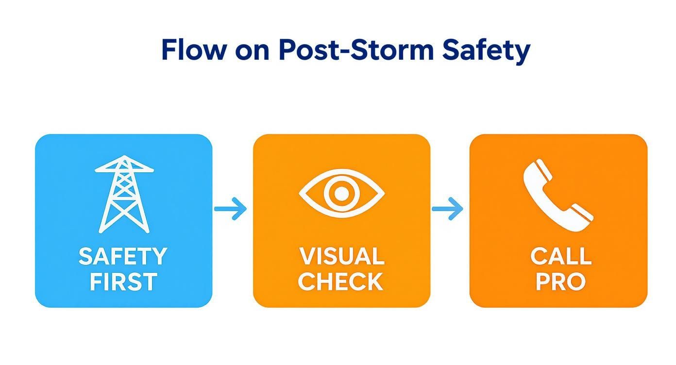 Three-step post-storm safety process showing safety first, visual inspection, and calling professionals workflow diagram