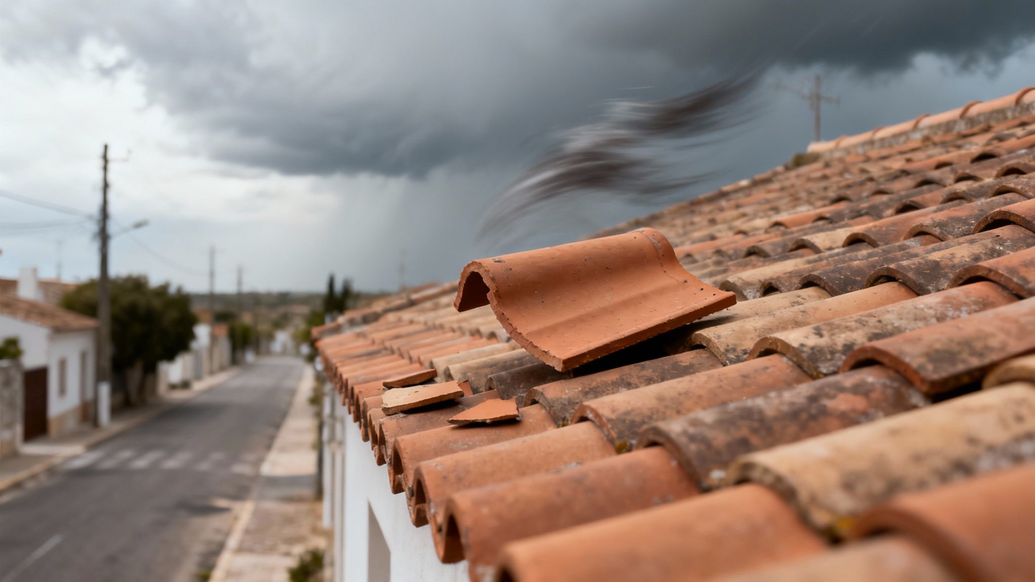 A sturdy tile roof with palm trees in the background, prepared for a storm