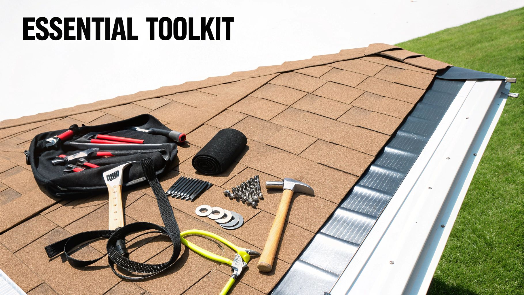 A collection of roofing tools, including a hammer, pry bar, and utility knife, laid out on a wooden surface.