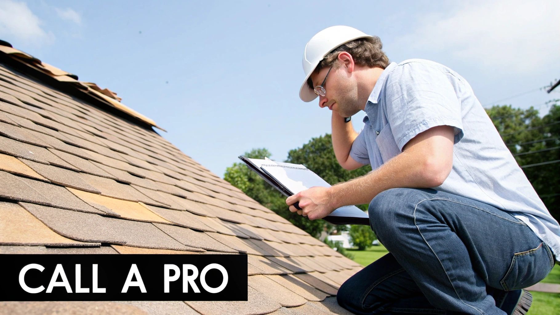 A professional roofer inspects a damaged shingle roof.