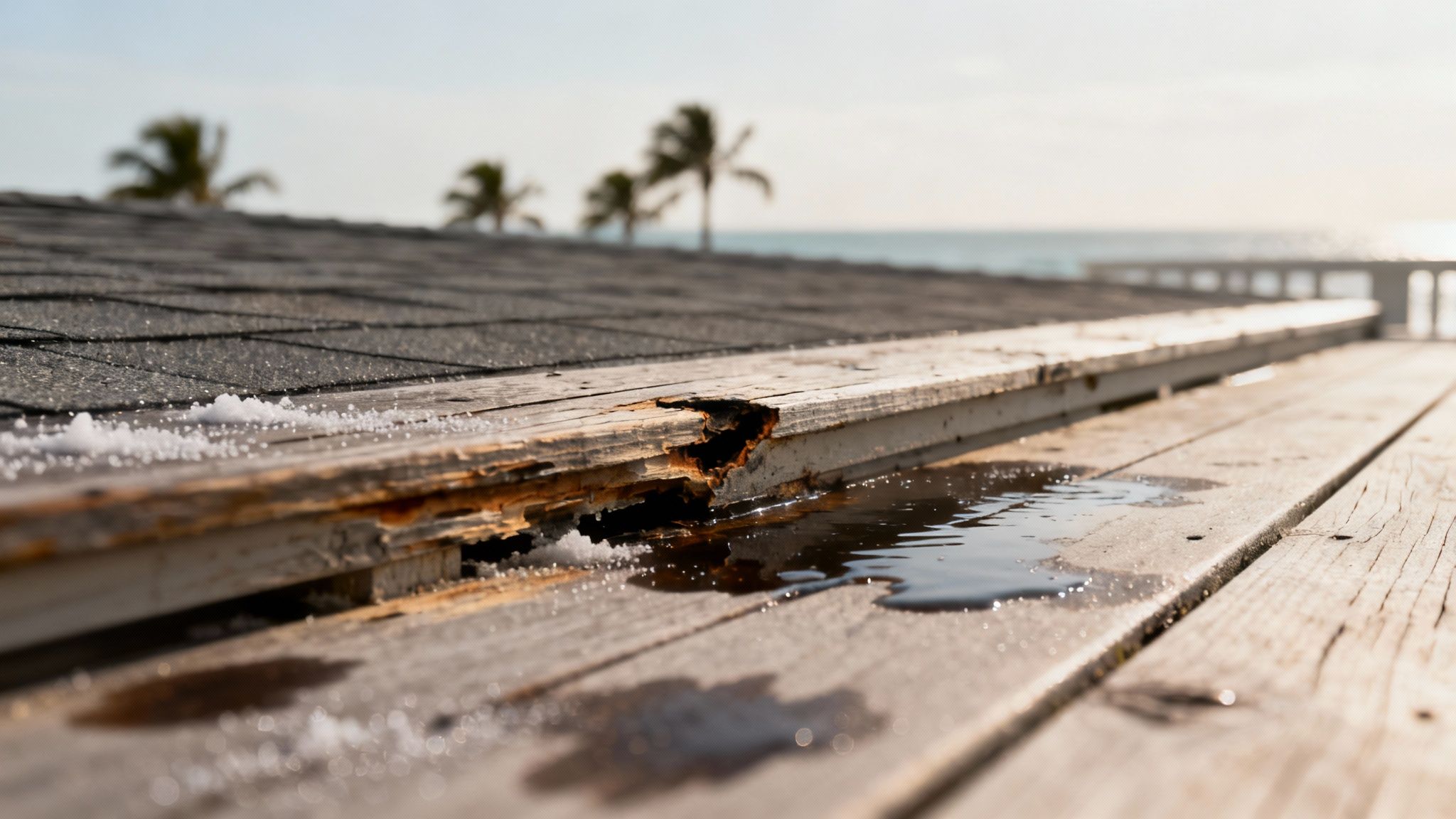 A damaged roof deck showing signs of water damage and rot in a coastal Florida home.