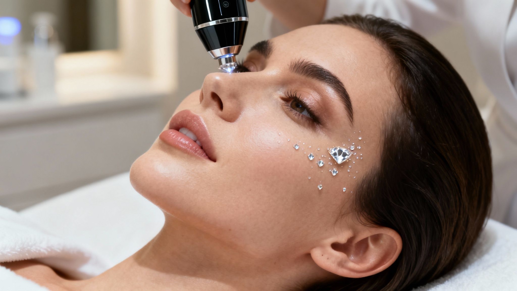 Client receiving a luxurious facial with gold flakes in a Beverly Hills spa.