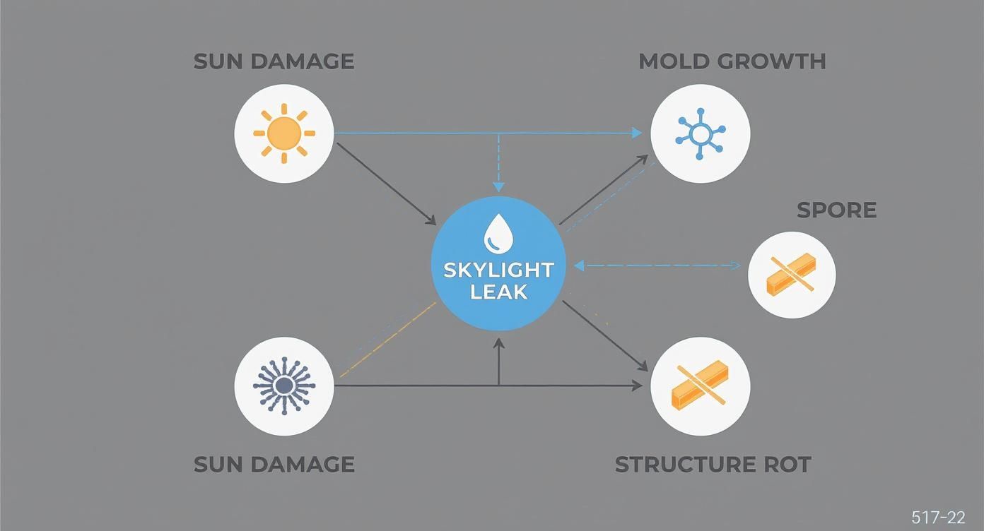 Diagram showing skylight leak causes including sun damage, mold growth, spores, and structure rot