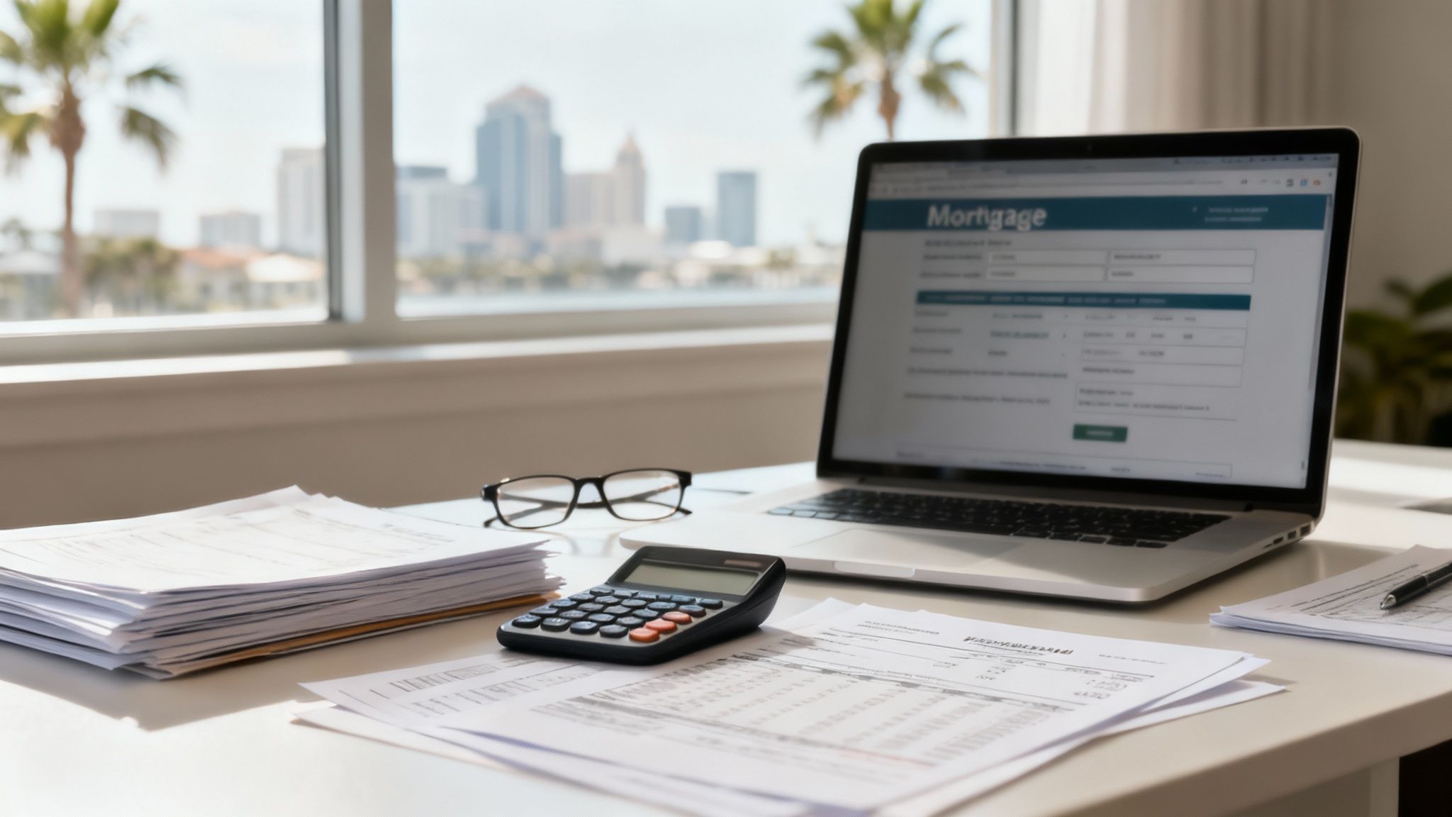 A couple reviewing financial documents for a home loan in Tampa.