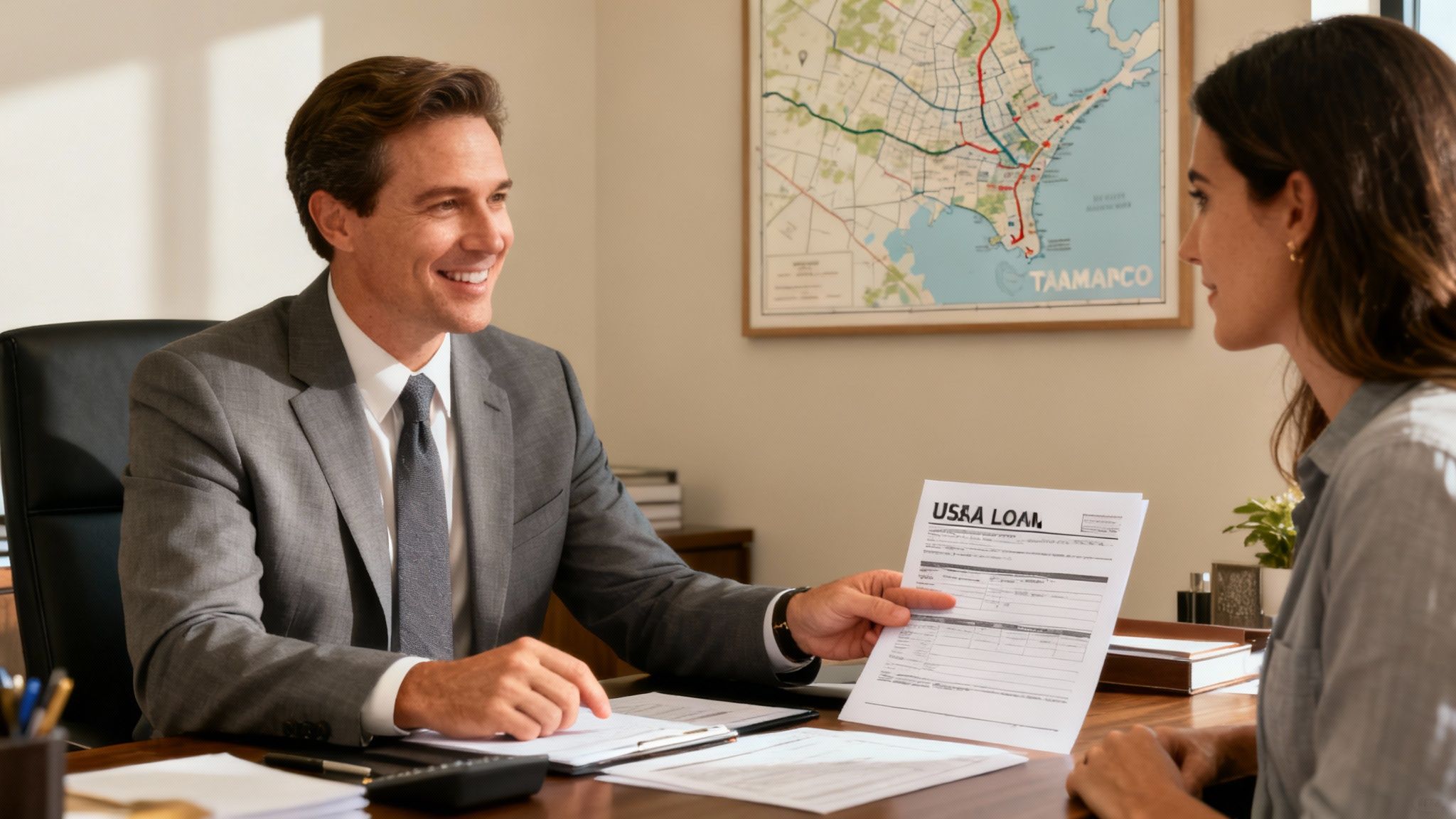 A friendly loan officer from RAC Mortgage shakes hands with a new homeowner in a Tampa office.