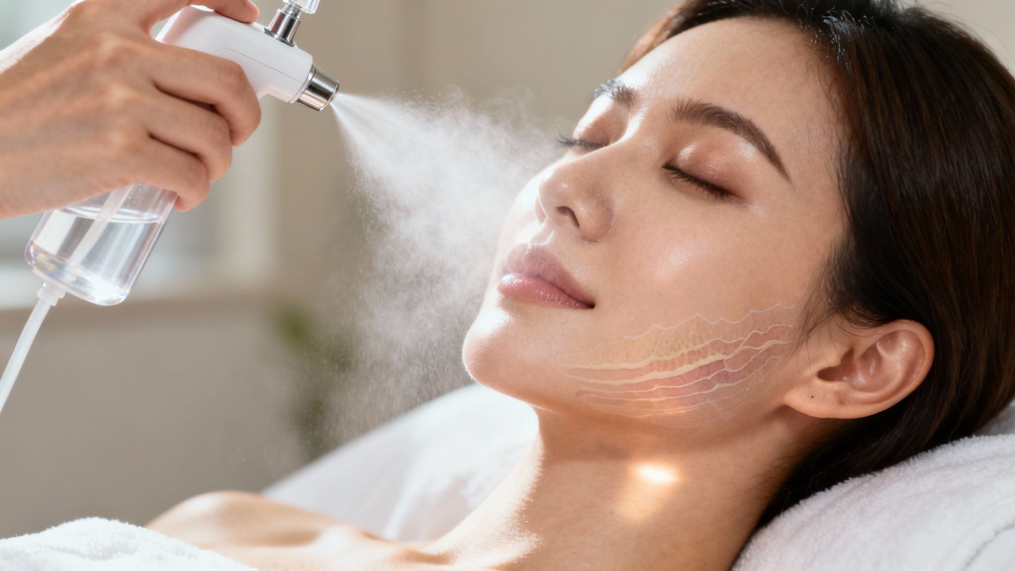 A beautician performing an oxygen facial on a client's cheek