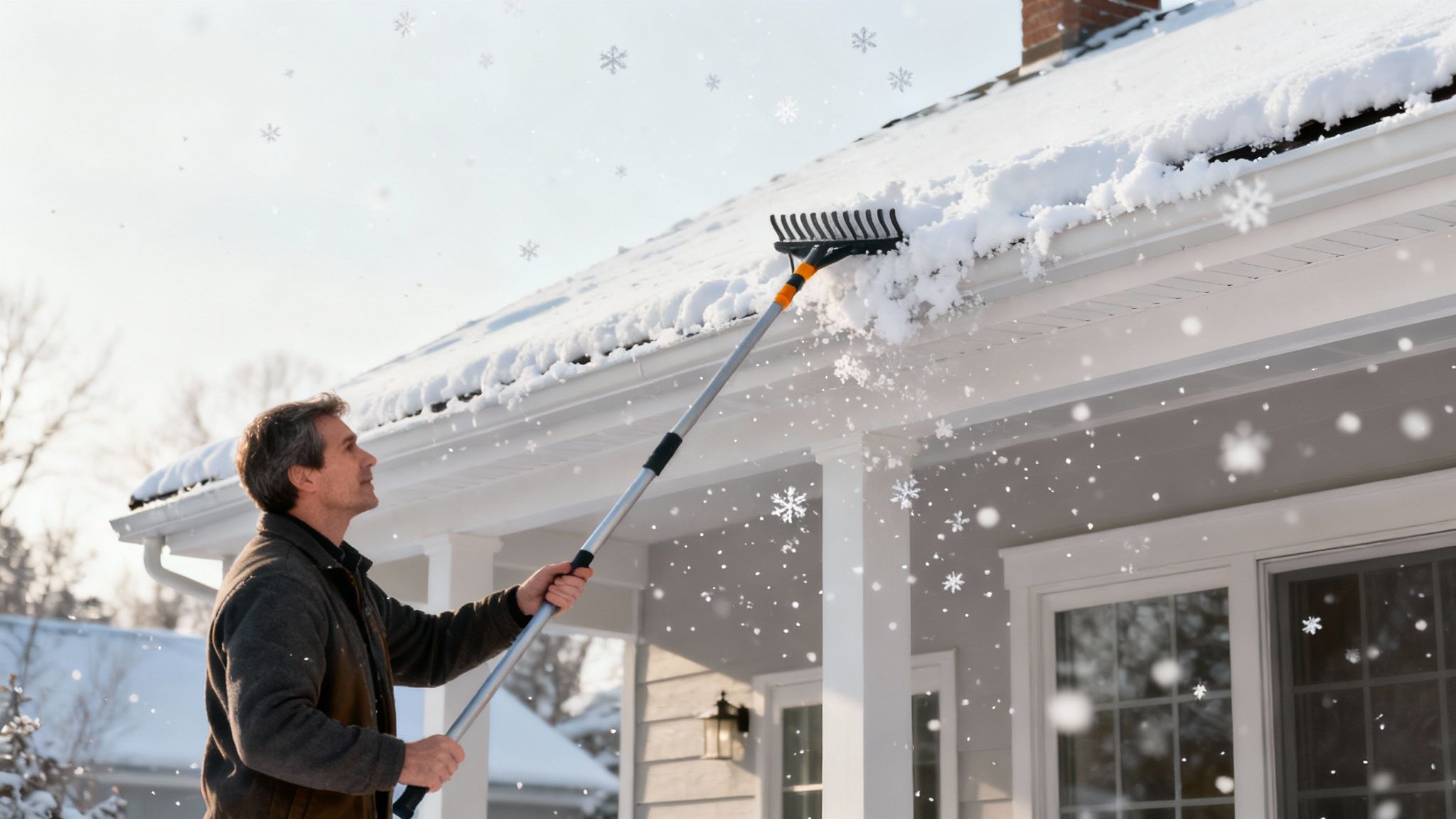 A roof rake being used to clear snow from the edge of a roof.