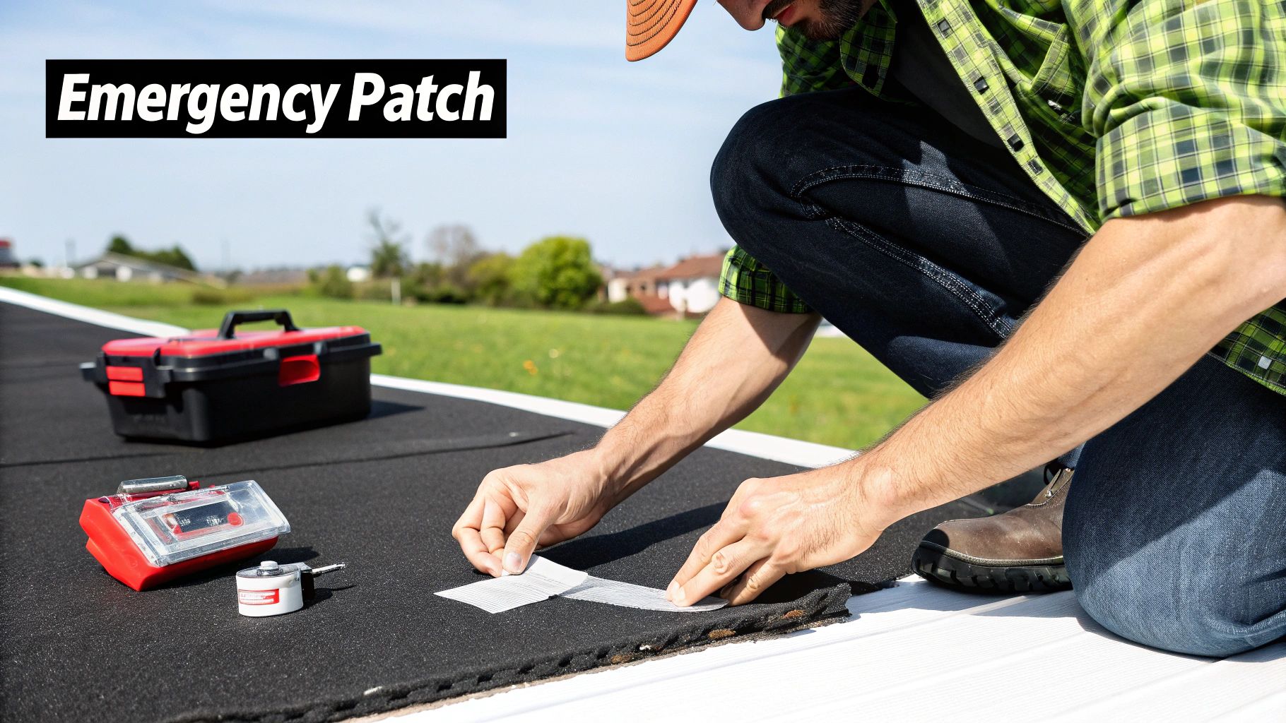 Handyman applying emergency patch material to repair damaged flat roof surface outdoors